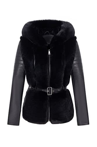 Women Faux Leather Jacket Short Belted Fall Winter Fashion Warm Casual Moto Biker Coat Shaggy Fur Hooded Outwear