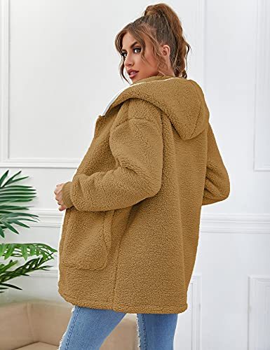Women Oversized Sherpa Hoodie Fuzzy Fleece Jacket Zip Up Long Sleeve Winter Coat with Pockets