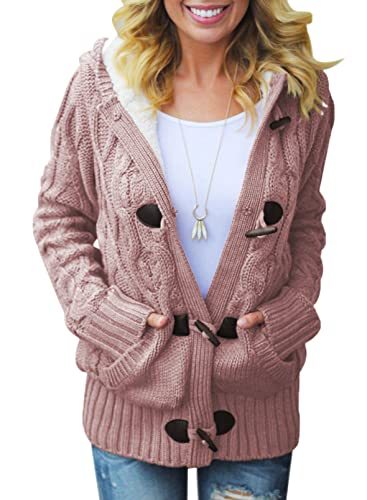 Womens 2022 Winter Hooded Cardigans Button Up Cable Knit Sweater Coat Outerwear with Pockets