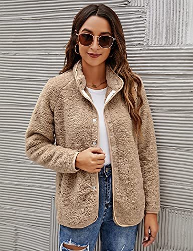 Women's Long Sleeve Cardigan Coat Lapel Button Down Warm Fuzzy Fleece Jacket Oversized Winter Outwear with Pockets
