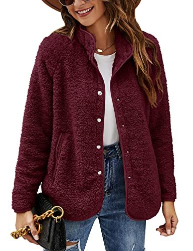 Women's Long Sleeve Cardigan Coat Lapel Button Down Warm Fuzzy Fleece Jacket Oversized Winter Outwear with Pockets