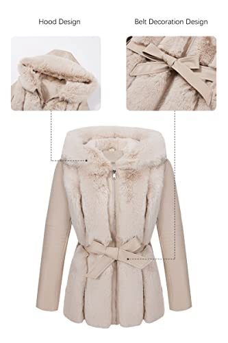 Women Faux Leather Jacket Short Belted Fall Winter Fashion Warm Casual Moto Biker Coat Shaggy Fur Hooded Outwear