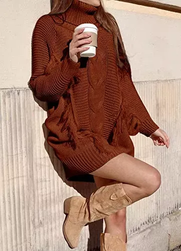 Women Fashion Sweater Short Dress Long Sleeve Turtleneck Oversized Fall Winter Soft Chunky Knit Pullover Sweaters