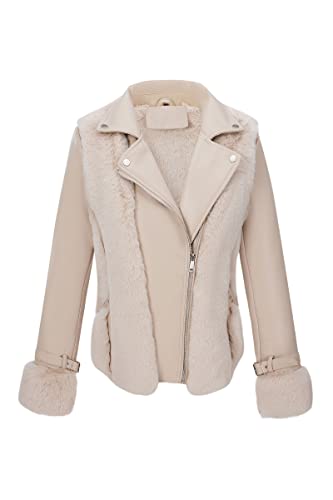 Women Faux Leather Jacket Short Belted Fall Winter Fashion Warm Casual Moto Biker Coat Shaggy Fur Hooded Outwear