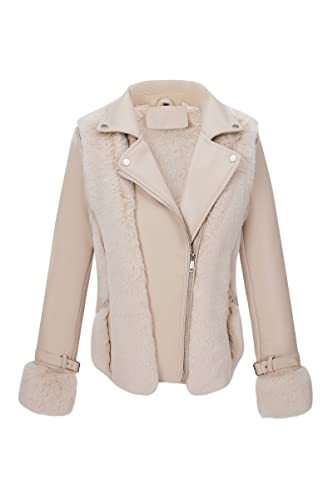 Women Faux Leather Jacket Short Belted Fall Winter Fashion Warm Casual Moto Biker Coat Shaggy Fur Hooded Outwear