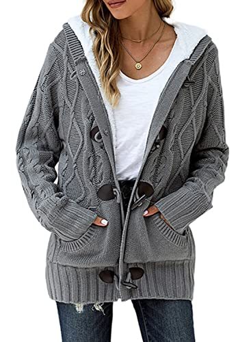 Womens 2022 Winter Hooded Cardigans Button Up Cable Knit Sweater Coat Outerwear with Pockets