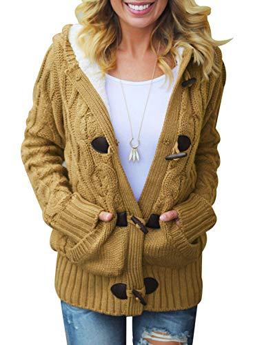 Womens 2022 Winter Hooded Cardigans Button Up Cable Knit Sweater Coat Outerwear with Pockets