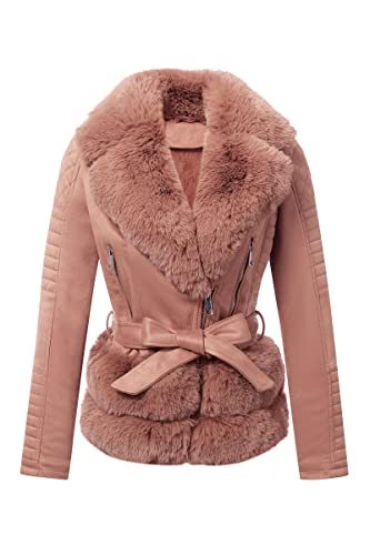 Women Faux Suede Leather Jacket Motorcycle Short Sherpa-Lined Coat with Removable Belt