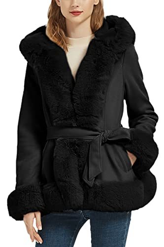 Faux Suede Leather Coat Women Fall and Winter Fashion Hood Jacket with Fur Collar