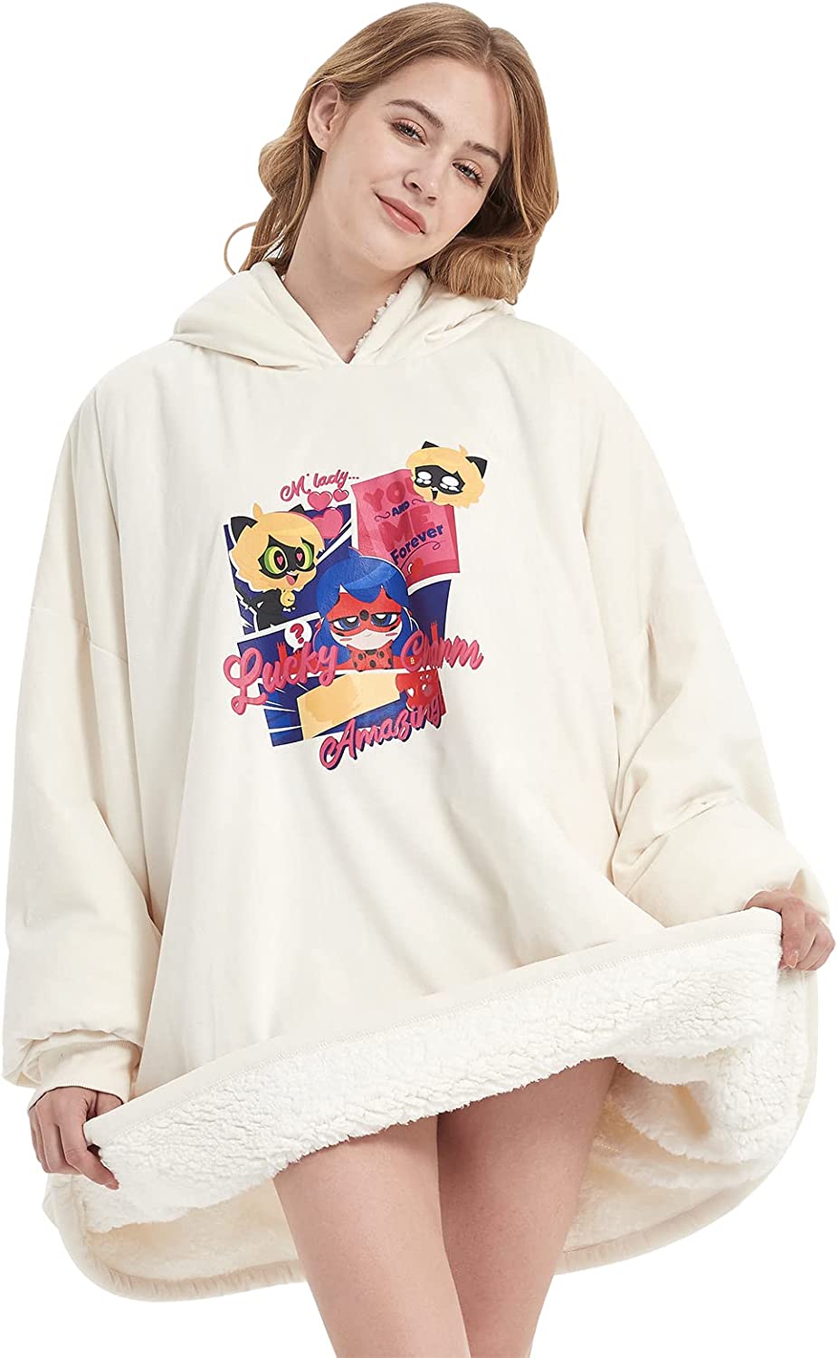 ZonLi Oversized Wearable Blanket Hoodie Adult, Super Soft Warm Miraculous Ladybug Sherpa Hooded Sweatshirt Blanket with Pocket and Sleeves for Women Men, One Size Fits All(Navy Blue)