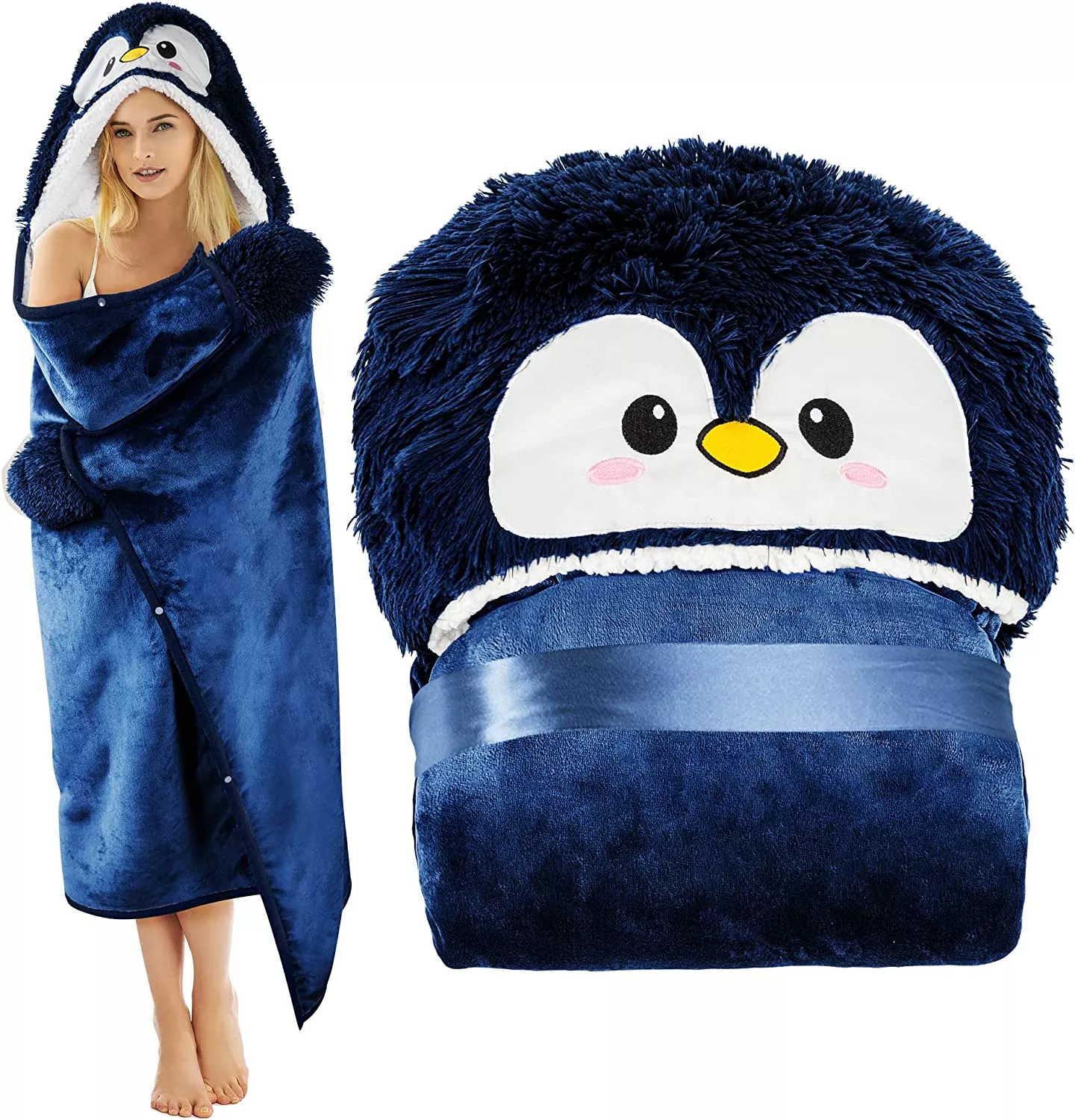Penguin Wearable Adult Hooded Blanket - Super Soft Warm Cozy Plush Flannel Fleece