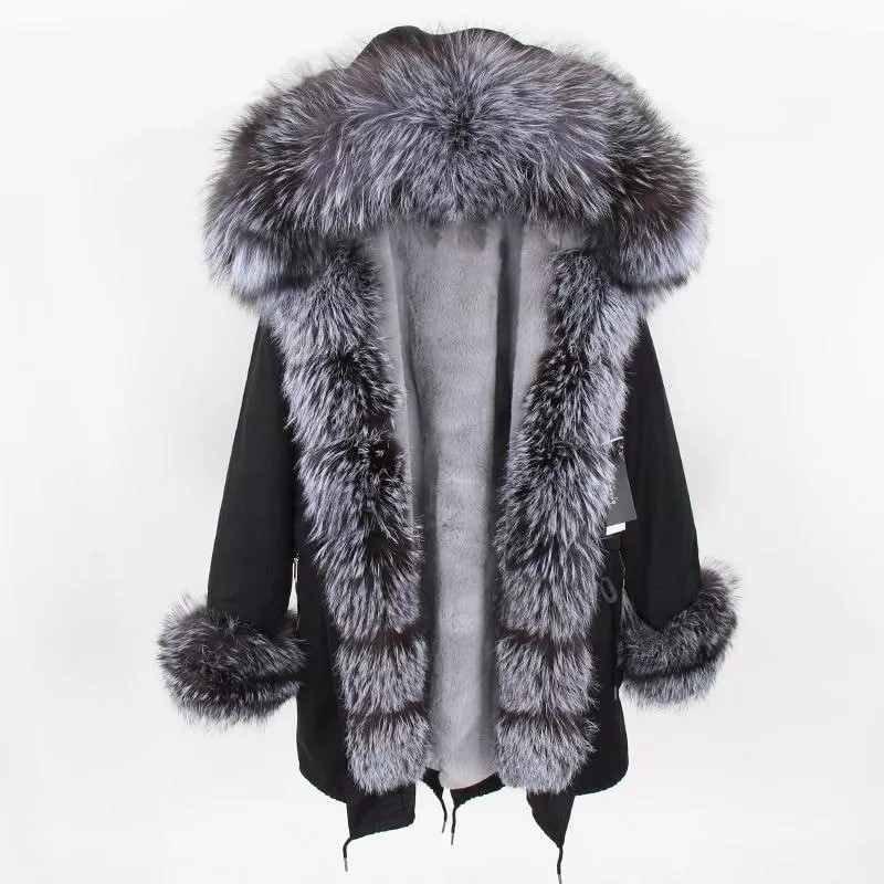 Women's Parka Fox Fur Coats Real Fur Winter Long Black Park Cotton Thi