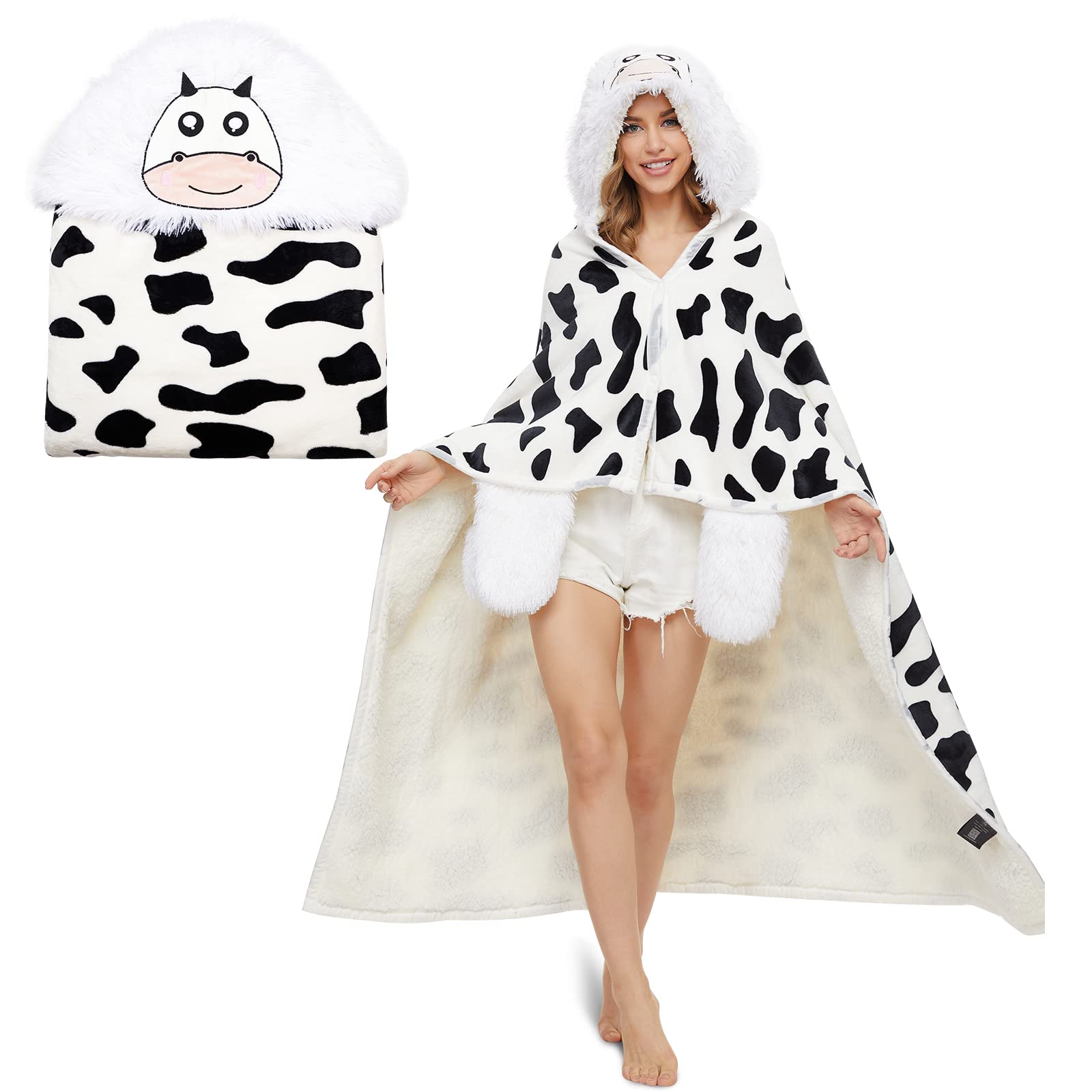 Cow Wearable Hooded Blanket Cow Gifts for Adults Women Kids, Warm and Cozy Wearable Cow Blanket Hoodie, Premium Cow Bedding Cow Throws