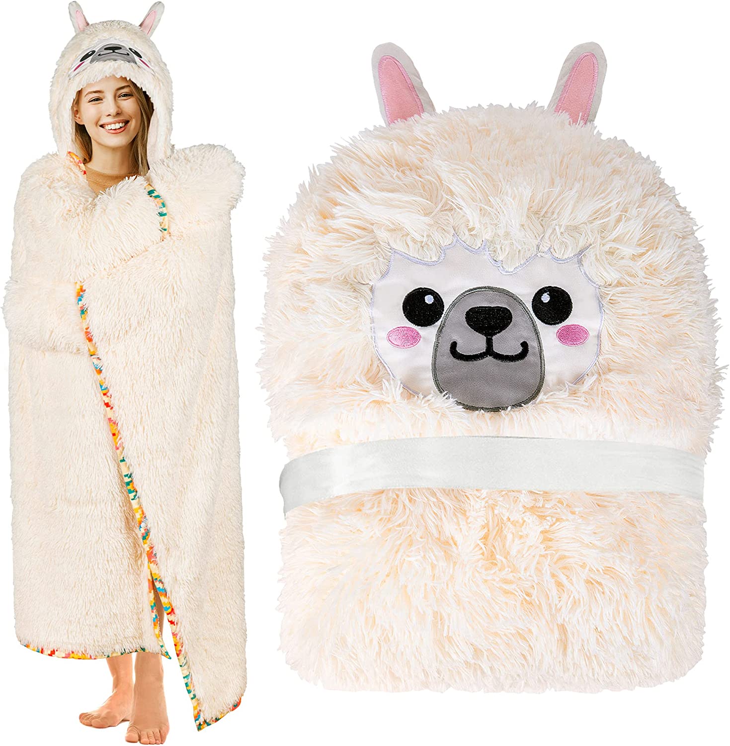 Llama Alpaca Wearable Hooded Blanket for Adults - Fluffy Super Soft Shaggy Faux Fur, Fuzzy Warm Cozy Plush Furry Fleece &amp; Sherpa Hoodie Throw Cloak Wrap - Llama Gifts for Women Adults and Kids