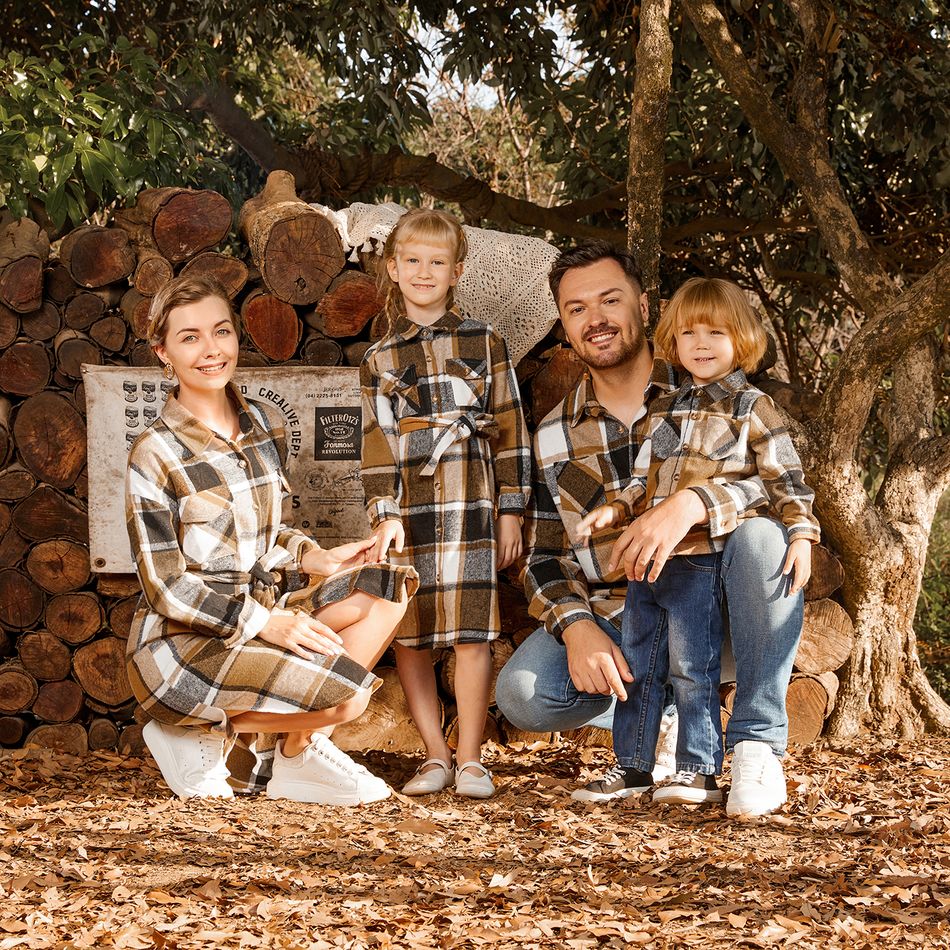 Family Matching Long-sleeve Button Up Coffee Plaid Shirts and Dresses Sets