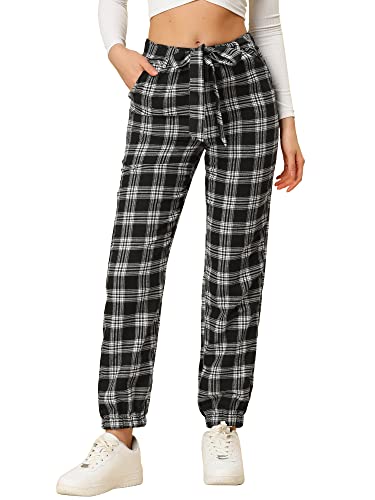 Women's Plaid Sweatpants Casual Tapered Tie High Waisted Tartan Pants with Pockets