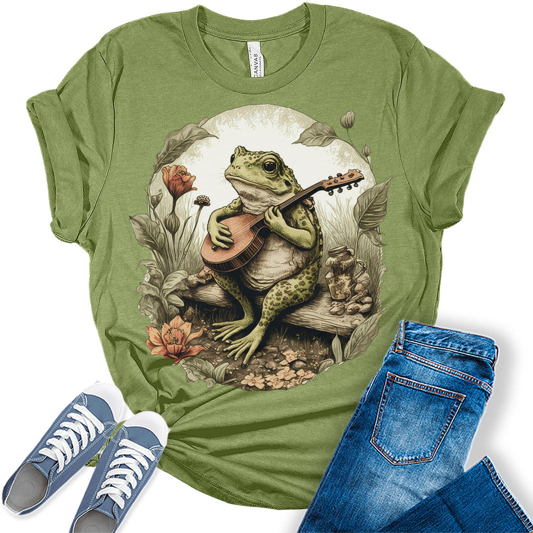 Cottagecore Aesthetic Frog Playing Instrument On Log T-Shirt Women's Graphic Print Bella Asthetic Top