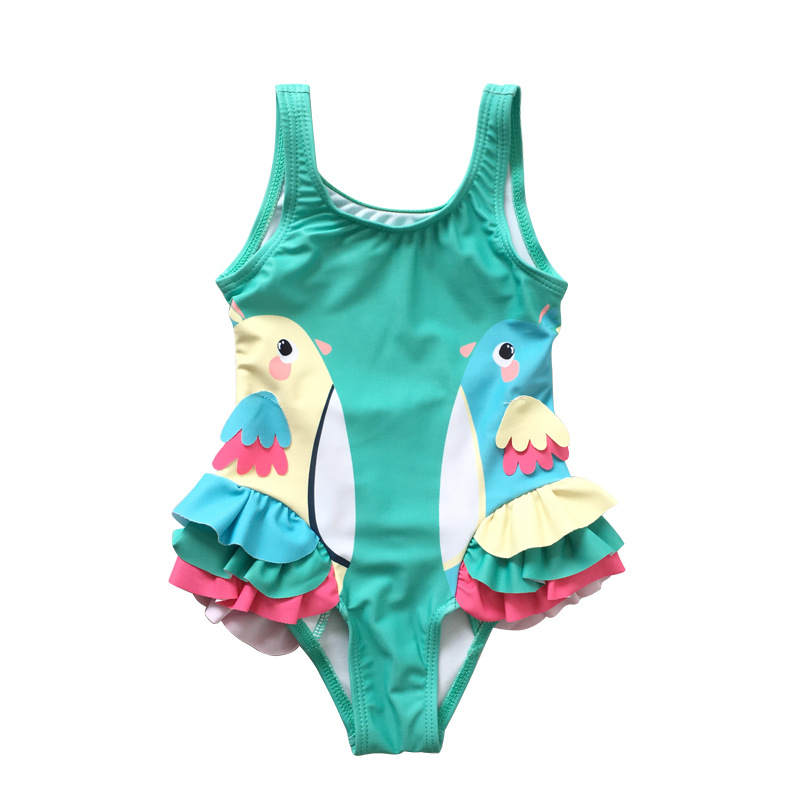 [6M-7Y]Girls Cute Bird Print Lace One-piece Swimsuit
