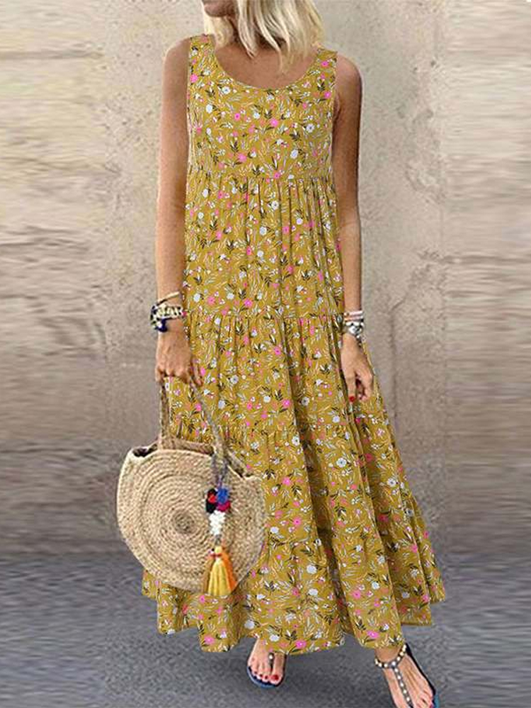 Comstylish Floral Boho Printed Sleeveless Maxi Dress