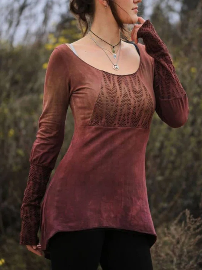 Red Vintage Round Neck Cotton Tops