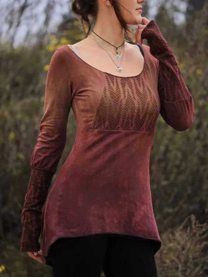 Red Vintage Round Neck Cotton Tops