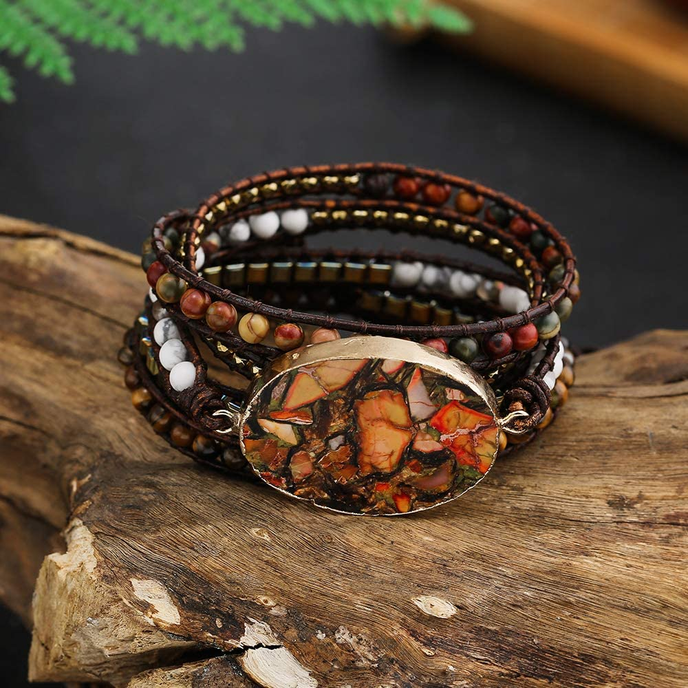 Boho Handmade Imperial Jasper Bracelets Natural Stone Crystal Hematite