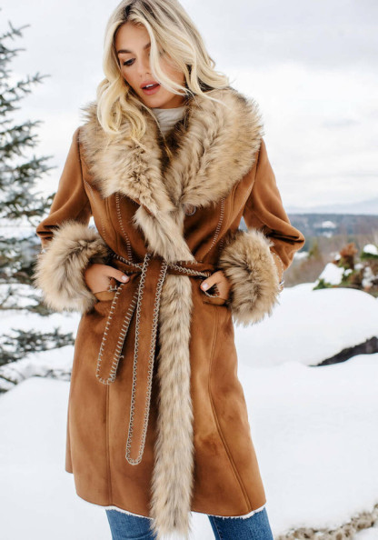 Tobacco Faux Fur Fox Collar Faux Suede Dakota Coat