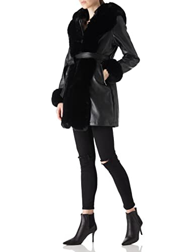 Women's Faux Leather Fleece Lined Coat Winter Hooded Zip-up Parka with Belt