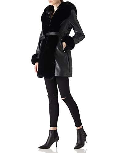 Women's Faux Leather Fleece Lined Coat Winter Hooded Zip-up Parka with Belt