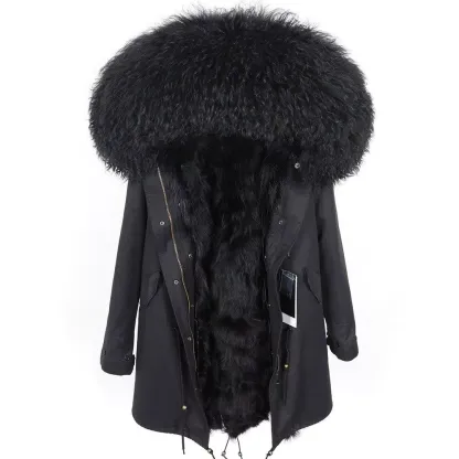 Women's Parka Winter Natural Mongolian Wool Collar Jacket Long Section