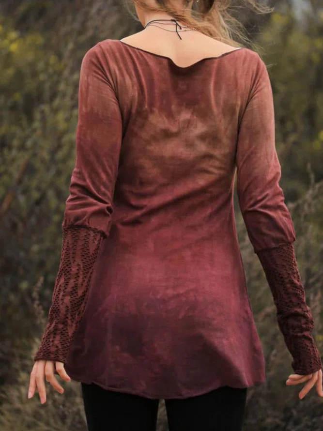 Red Vintage Round Neck Cotton Tops