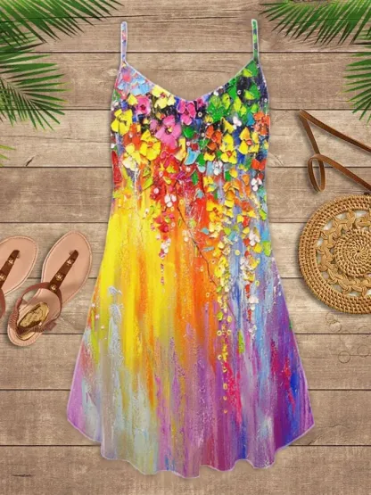 Vacation Sea Turtle Beach Print Spaghetti Strap Dress Swimsuit Coverup Color - As shown