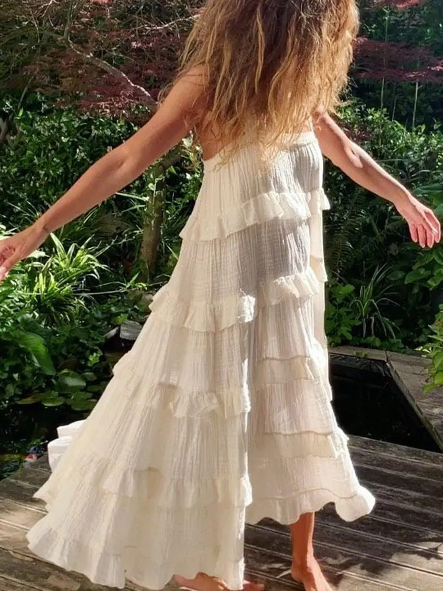 Lace Wrinkle Round Neck Short Sleeve Dress