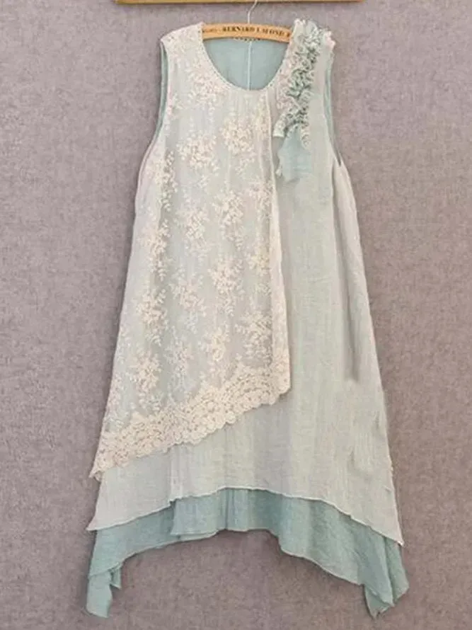 Lace Wrinkle Round Neck Short Sleeve Dress