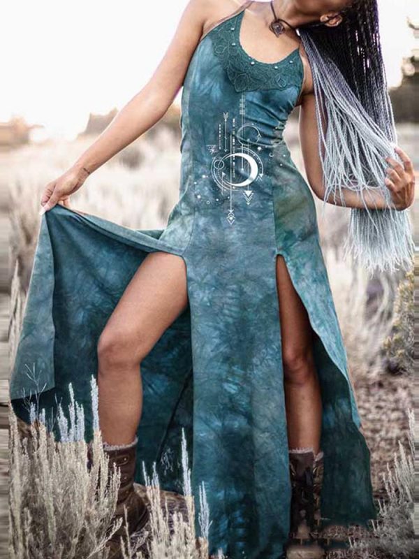 Moon Printing Strap Slit Loose Dress