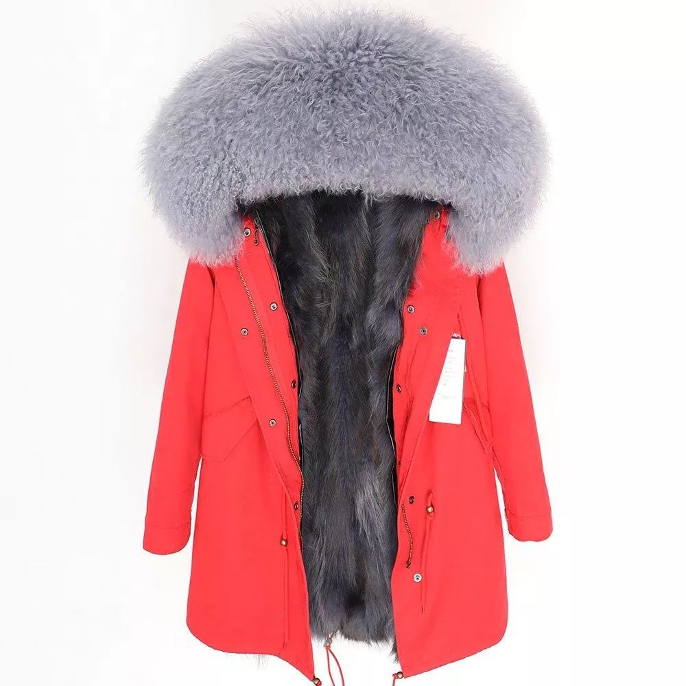 Women's Parka Winter Natural Mongolian Wool Collar Jacket Long Section