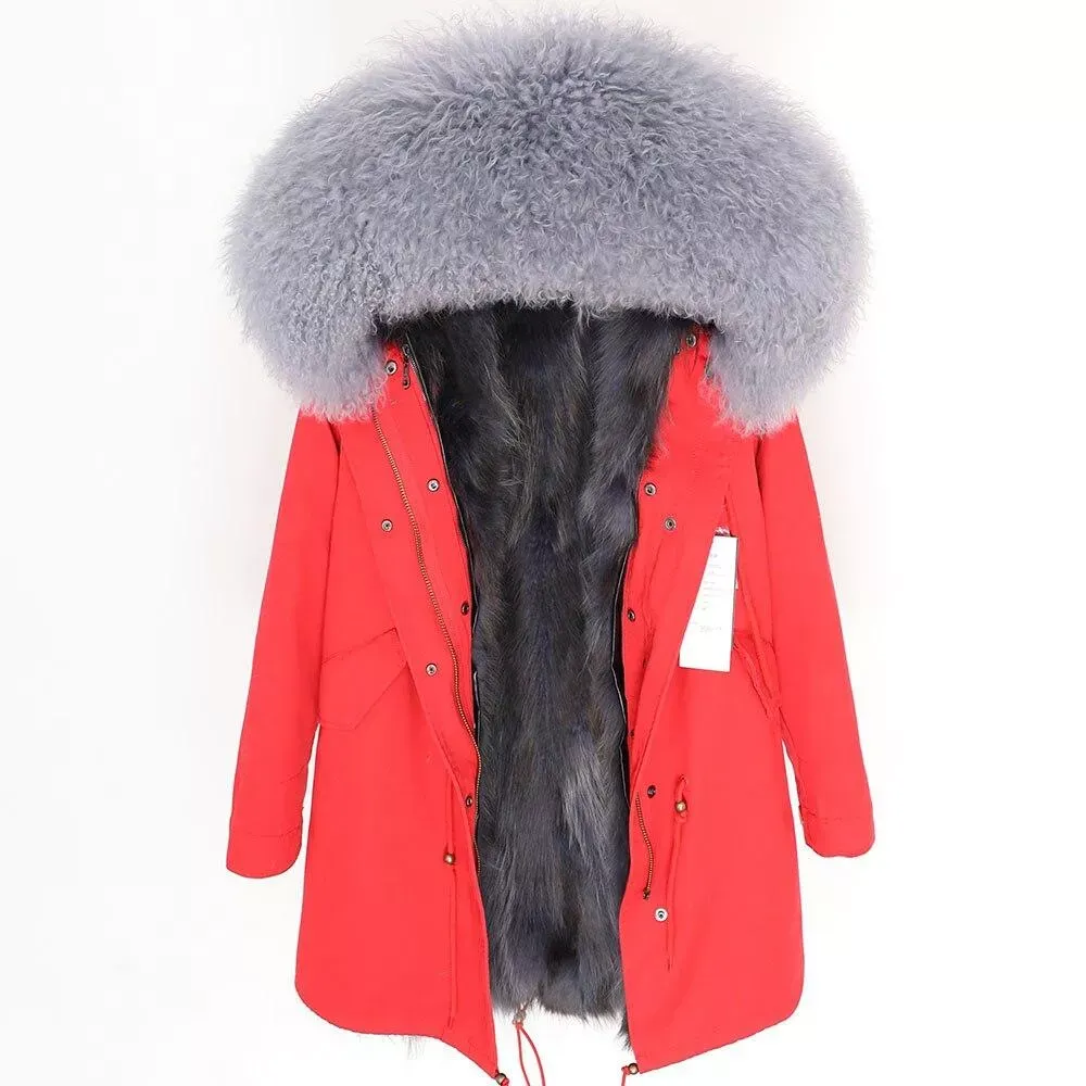 Women's Parka Winter Natural Mongolian Wool Collar Jacket Long Section