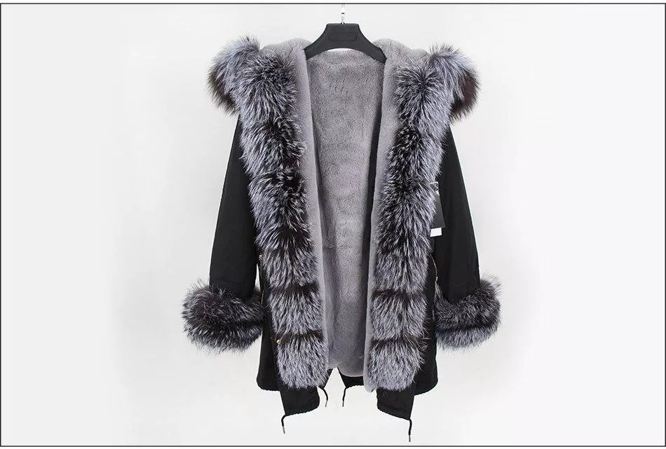 Women's Parka Fox Fur Coats Real Fur Winter Long Black Park Cotton Thi