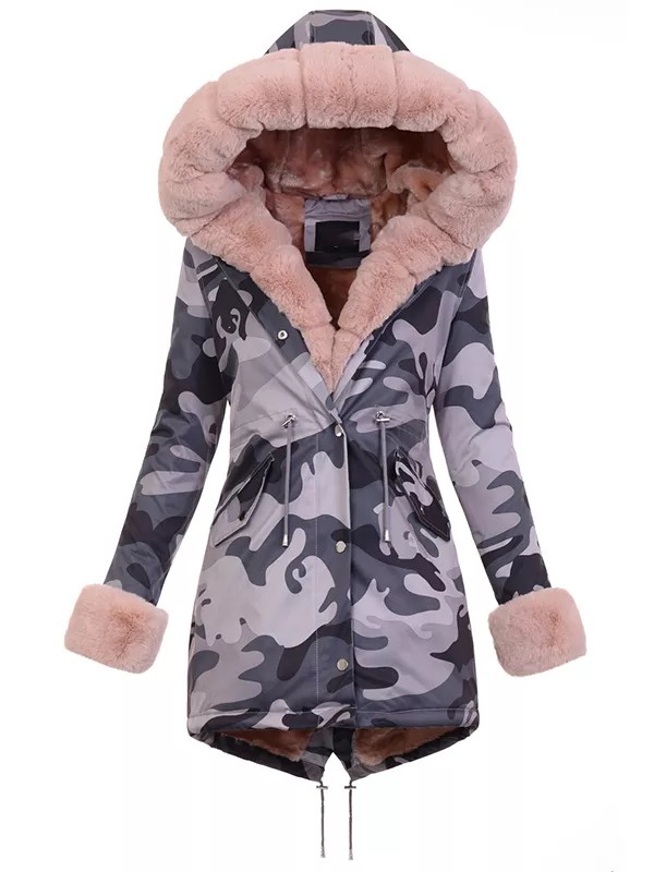 Women's winter fur coat camouflage jacket with pink