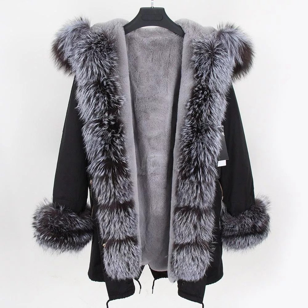 Women's Parka Fox Fur Coats Real Fur Winter Long Black Park Cotton Thi