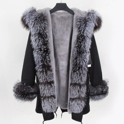 Women's Parka Fox Fur Coats Real Fur Winter Long Black Park Cotton Thi