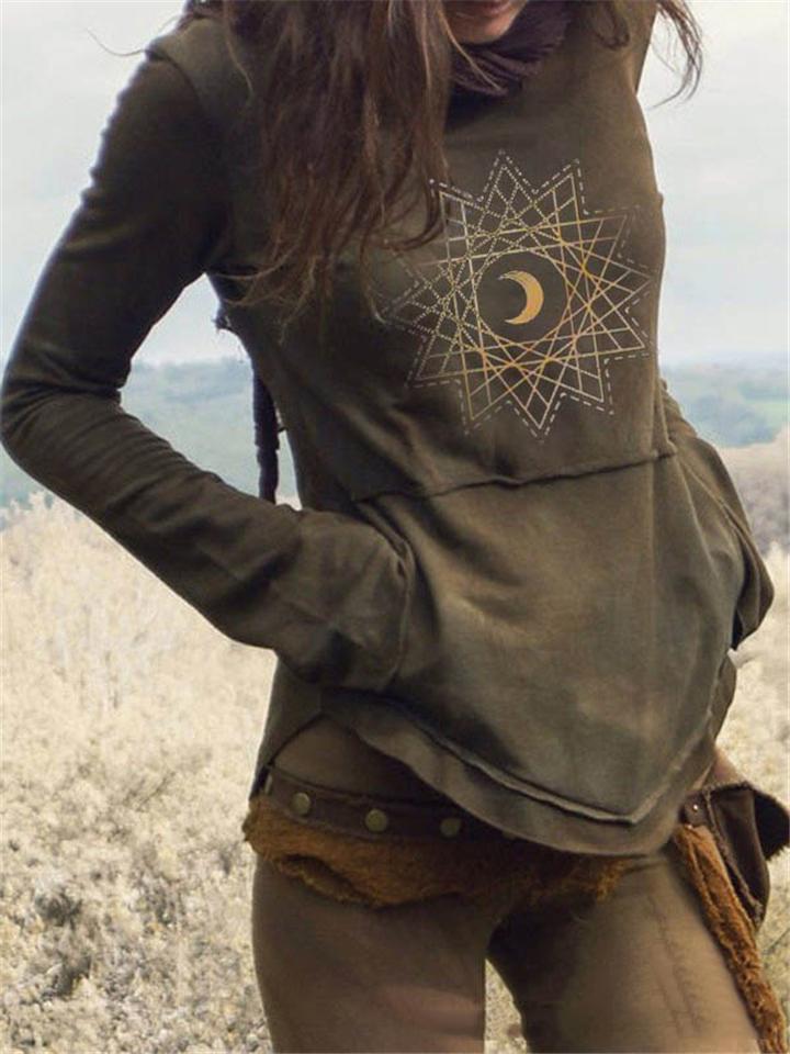 Vintage Style Moon Printed Front Pocket Long Sleeve Shirts