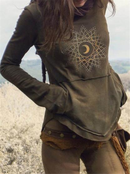 Vintage Style Moon Printed Front Pocket Long Sleeve Shirts