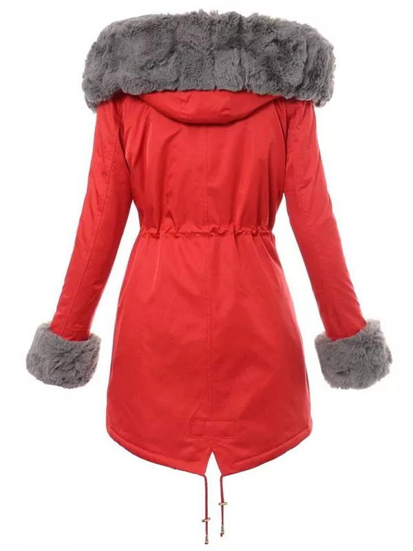Ladies winter parka coat red, gray fur