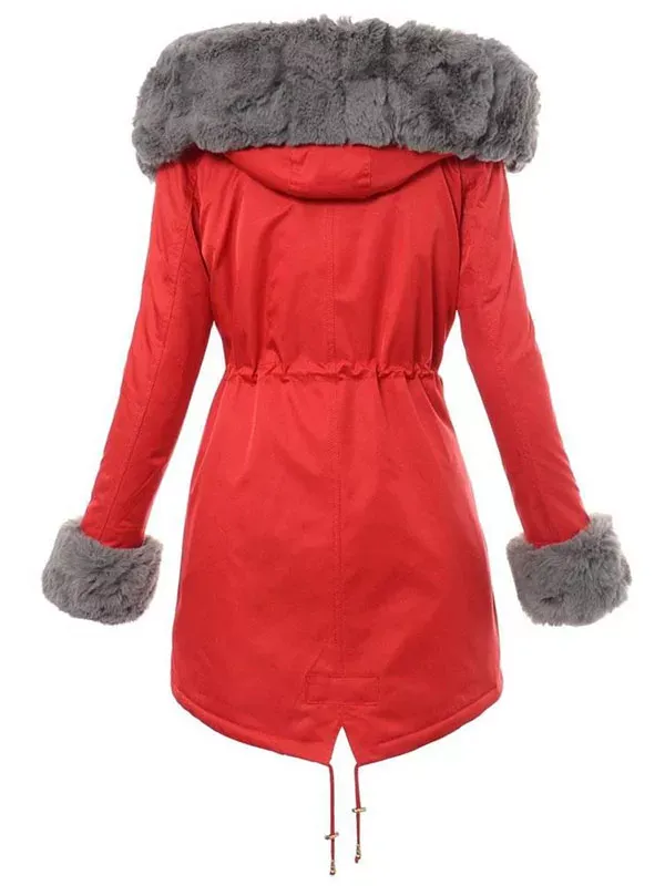 Ladies winter parka coat red, gray fur