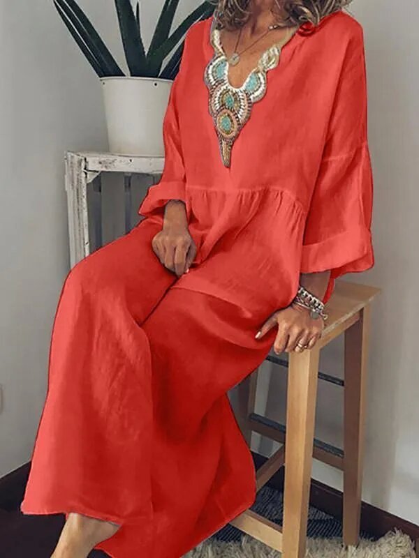 Casual V-Neck Printed Long-Sleeved Dress