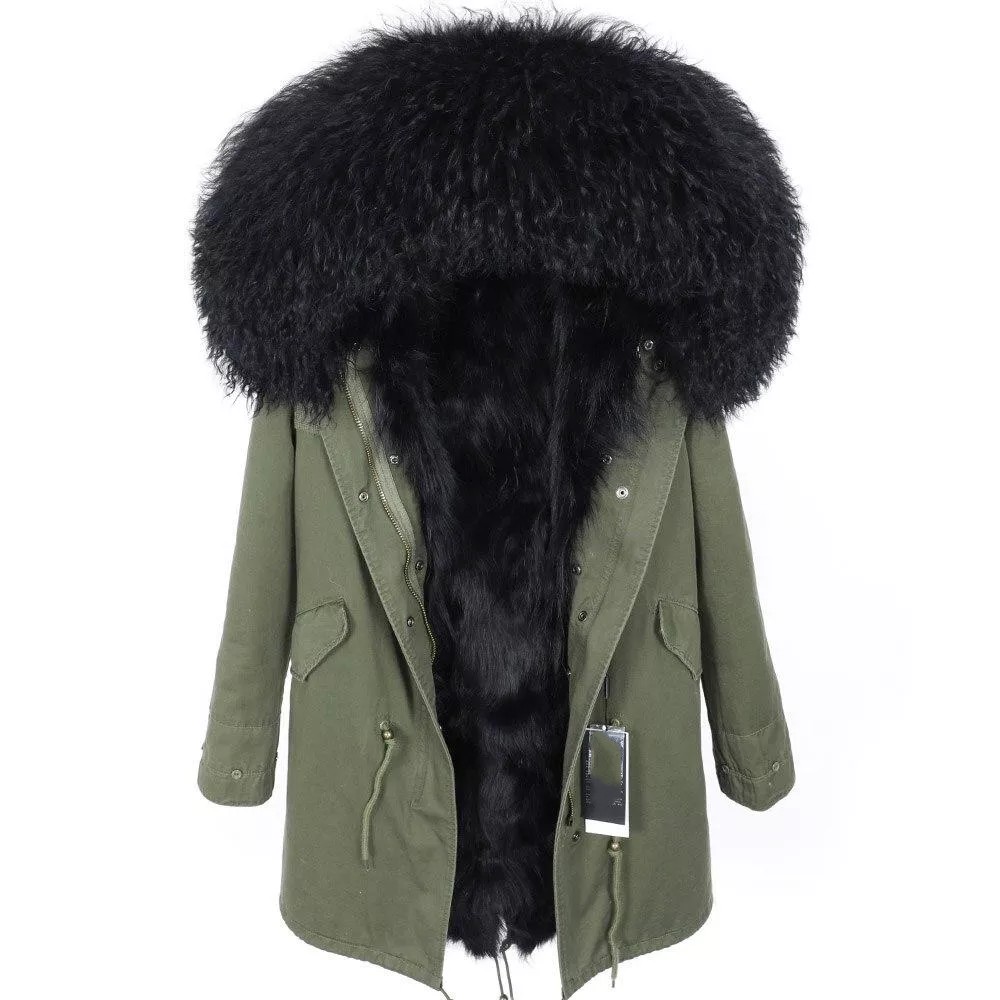 Women's Parka Winter Natural Mongolian Wool Collar Jacket Long Section