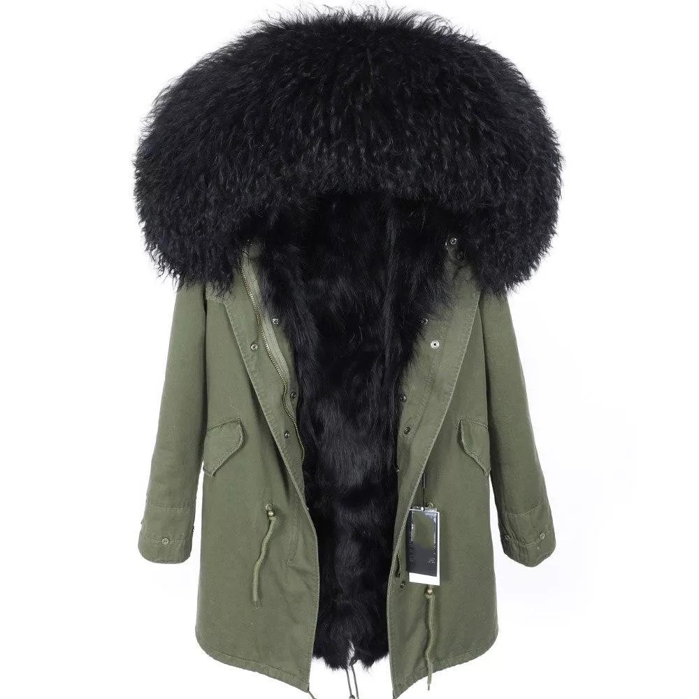 Women's Parka Winter Natural Mongolian Wool Collar Jacket Long Section