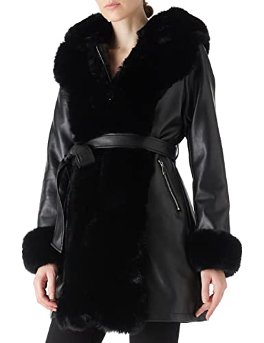 Women's Faux Leather Fleece Lined Coat Winter Hooded Zip-up Parka with Belt
