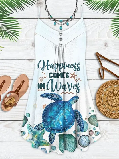 Vacation Sea Turtle Beach Print Spaghetti Strap Dress Swimsuit Coverup Color - As shown